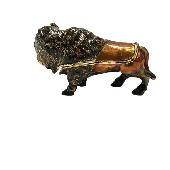 Buffalo Figurine Trinket Box With Hinged Lid & Crystal Accents - Picture 8 of 10